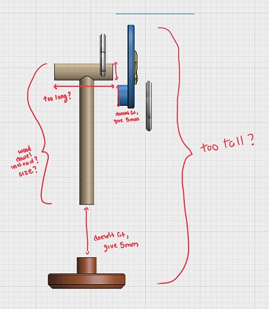 A 3D model of a stand, annotated with handwritten notes questioning its proportions and fit.