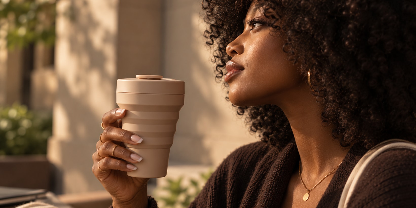 Student holding the Loop collapsible cup on a university campus.