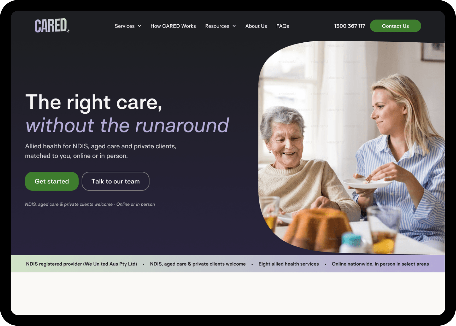 Concept A: a homepage hero with a single full-bleed photo, simplified messaging and hierarchy.