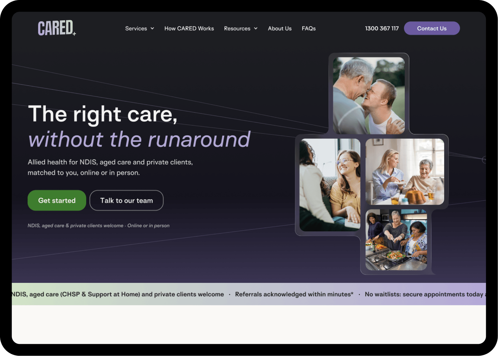 Concept B: a homepage hero with a grid of smaller lifestyle photos alongside broader interface details.