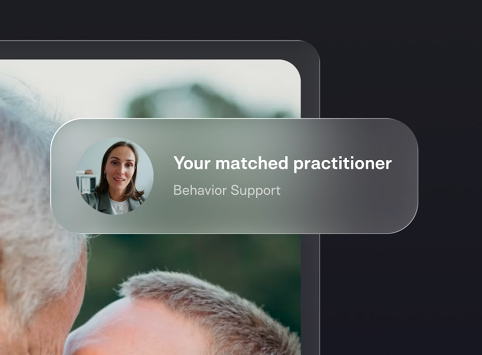 A matched-practitioner preview card showing a support worker's profile and appointment details.