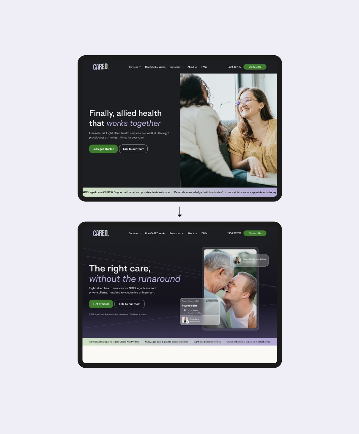 Before and after comparison of the CARED homepage hero — the original version above, and the redesigned version below with clearer messaging and a practitioner-matching preview.