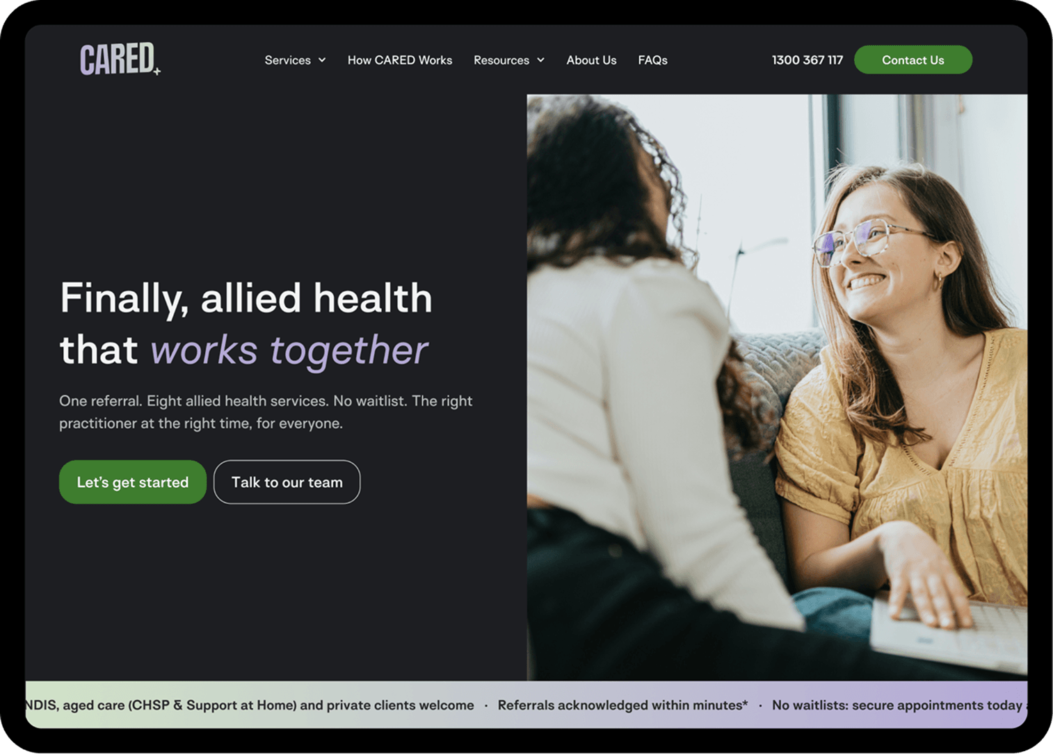The redesigned CARED homepage, with numbered callouts marking the hero image, headline, call-to-action buttons and trust bar.