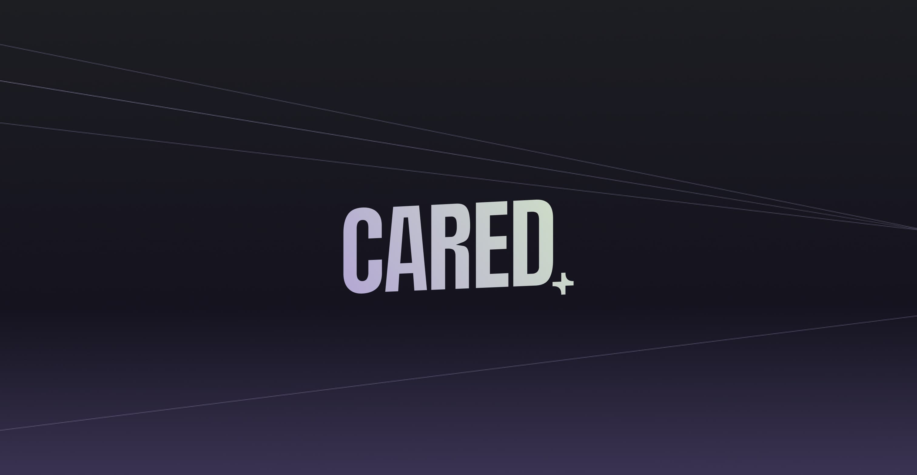 The Cared logo on a dark gradient background with faint geometric line accents.