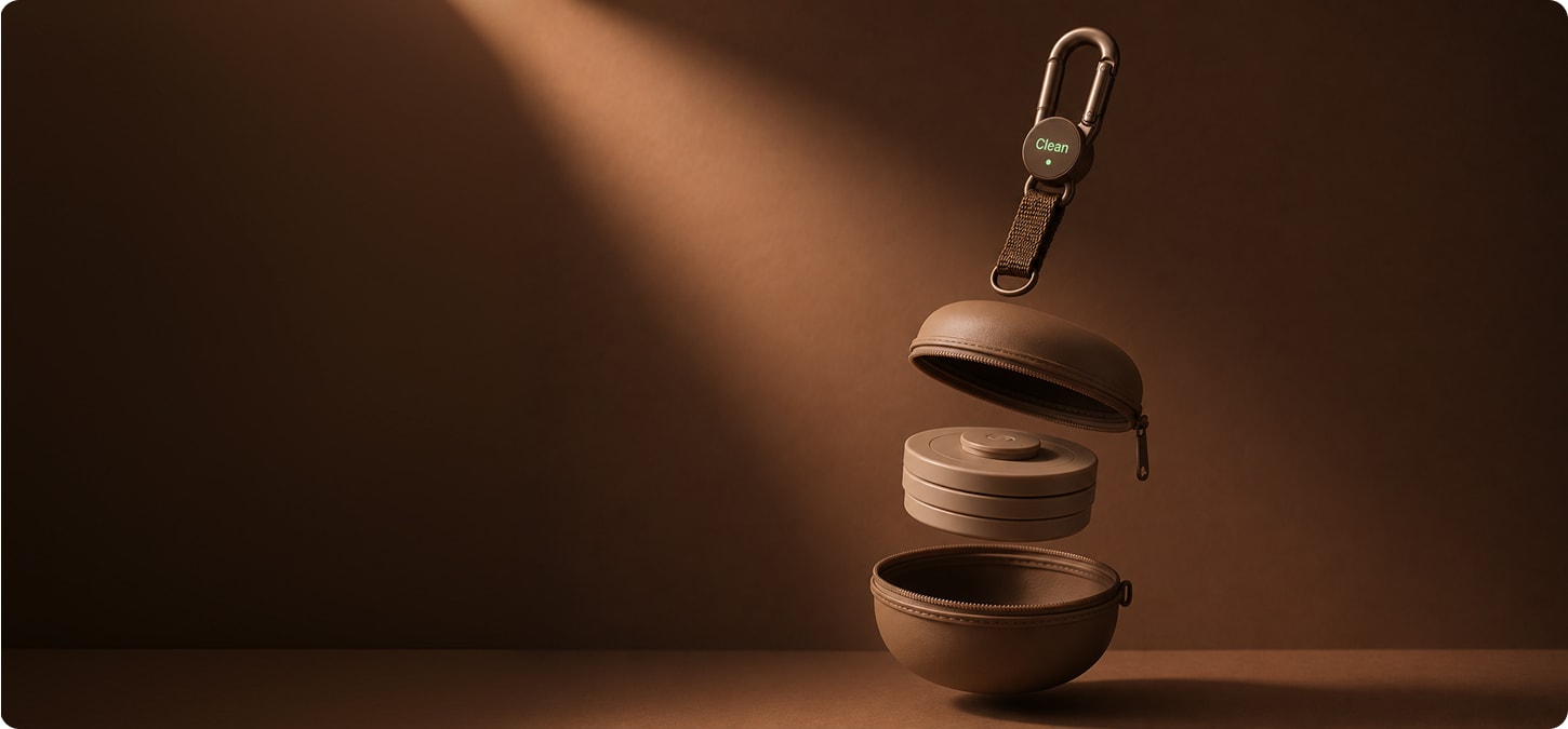 Loop cup case opened, showing its clip attachment for carrying.