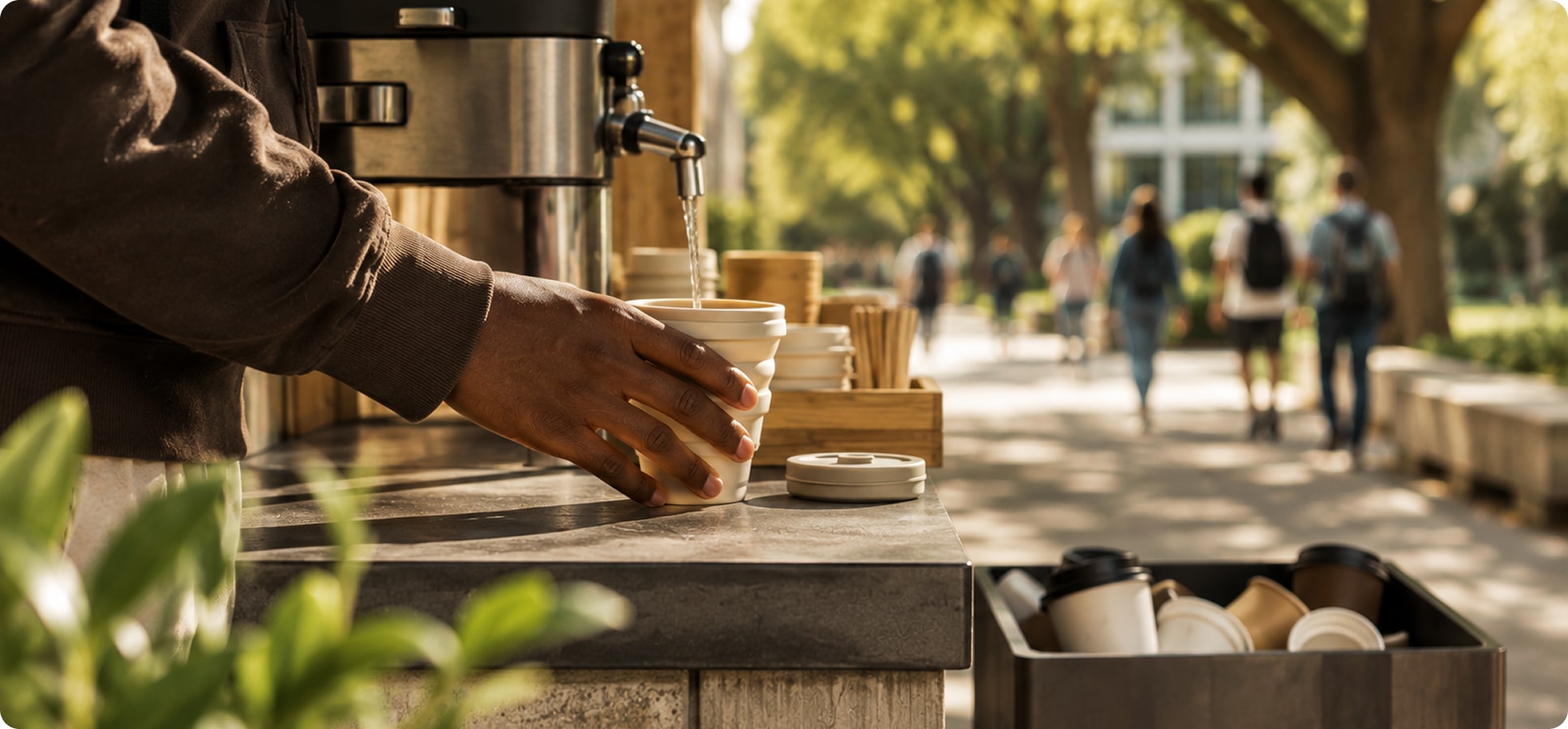 Person filling a reusable Loop cup at a coffee station on a university campus.