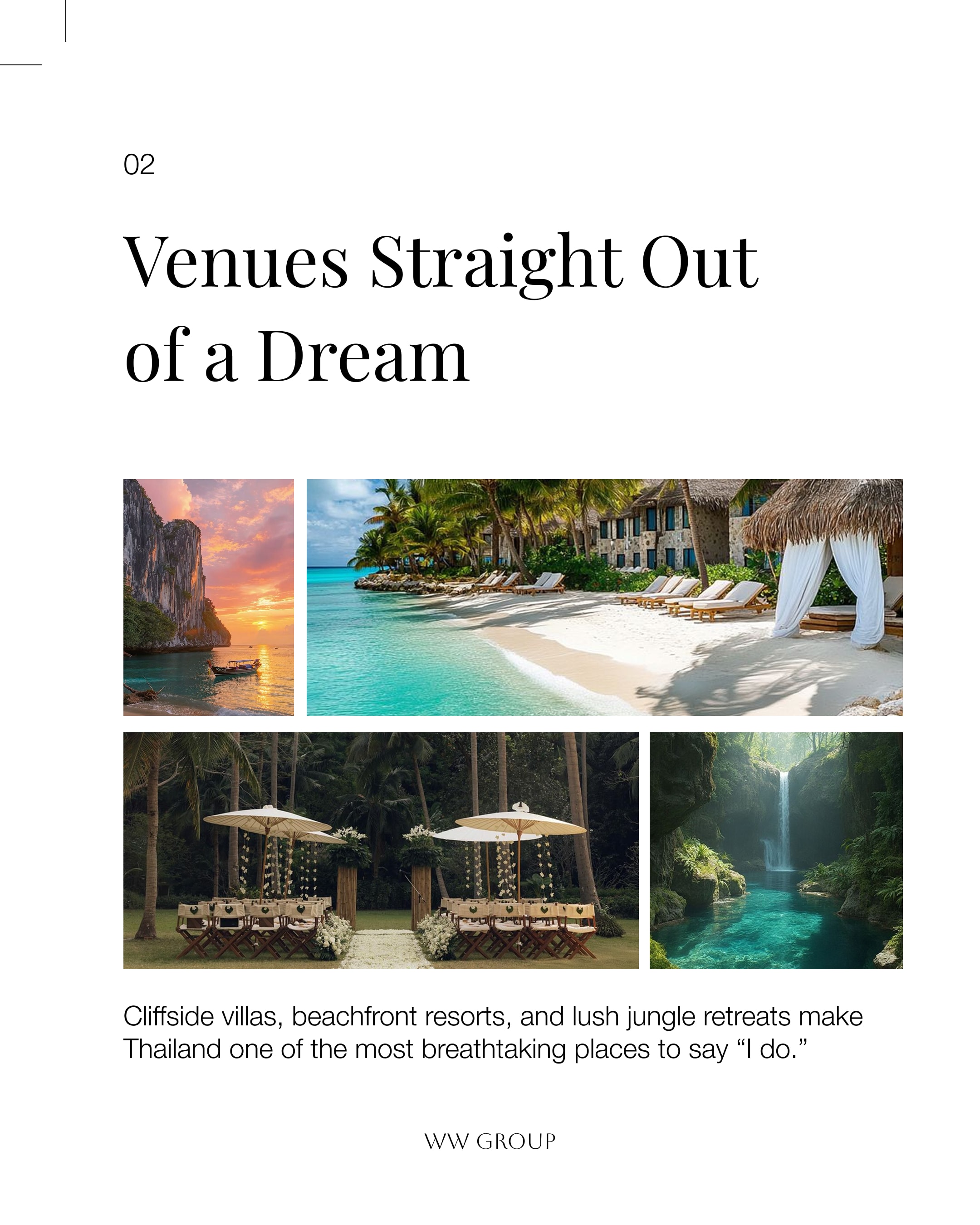 Carousel slide 2, "Venues Straight Out of a Dream," with photos of a cliffside sunset, a beachfront resort, an outdoor ceremony setup under umbrellas, and a jungle waterfall.