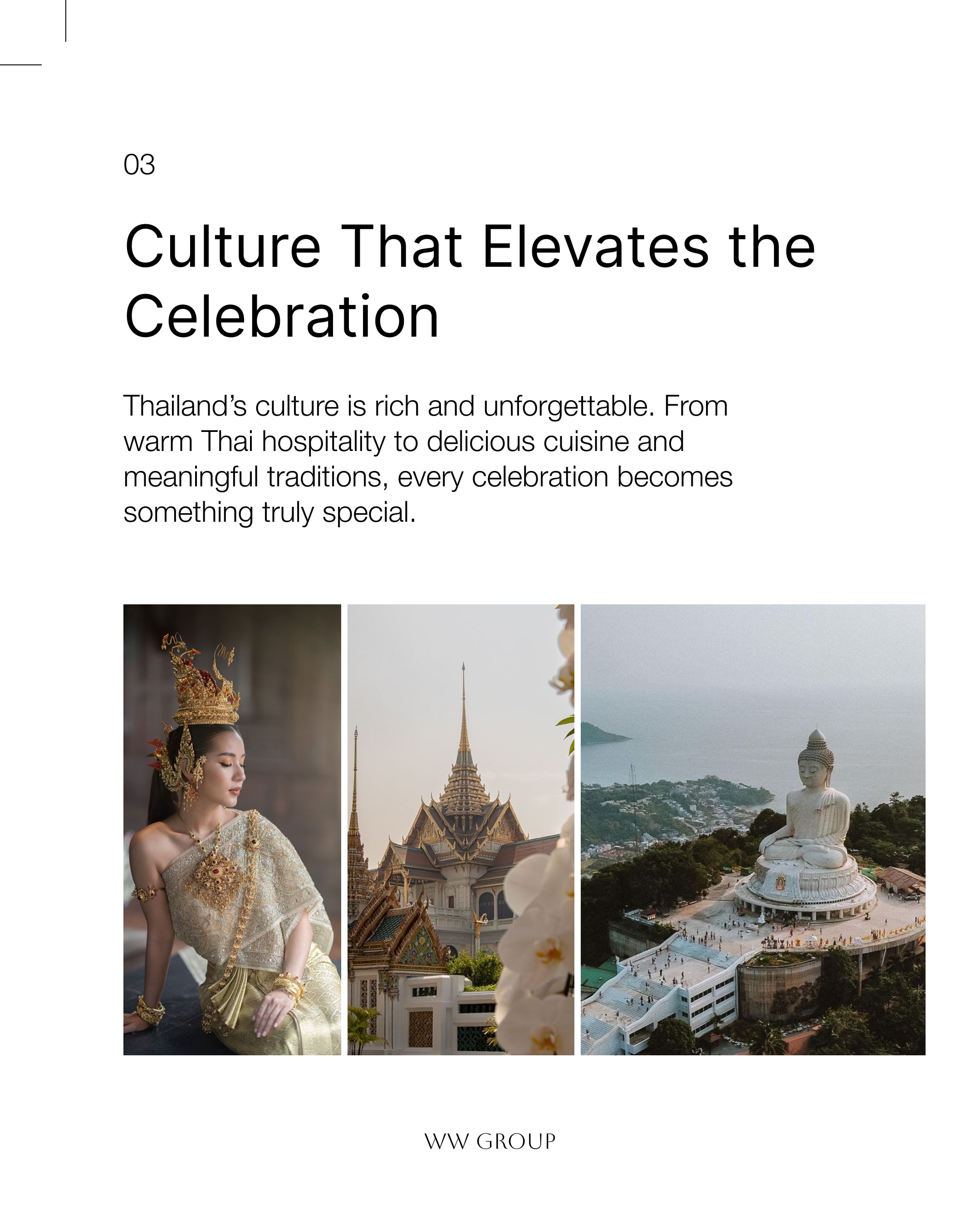 Carousel slide 3, "Culture That Elevates the Celebration," with photos of a woman in traditional Thai dress, a gilded temple roof, and an aerial view of the Big Buddha in Phuket.