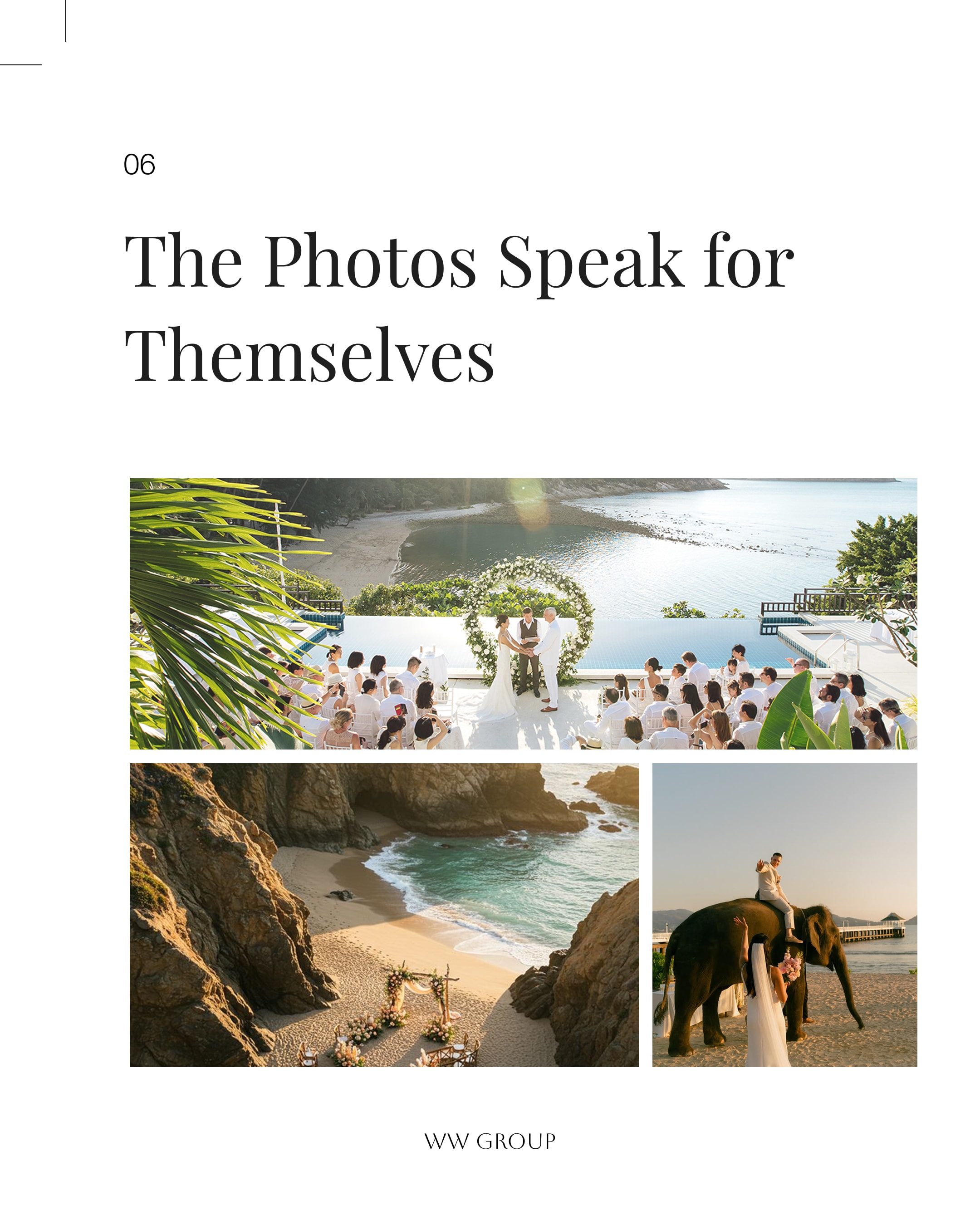 Carousel slide 6, "The Photos Speak for Themselves," with photos of a poolside ocean-view ceremony, a cliffside beach ceremony setup, and a couple on an elephant.